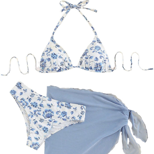 Damen Triangel-Bikini-Set mit romantischem Blumenmuster und eleganter Pareo Heidi-Mode