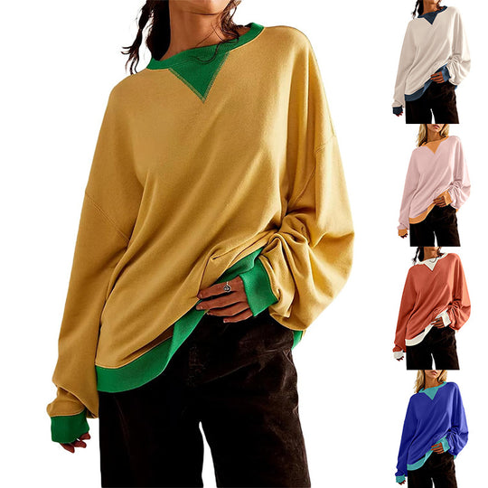 Damen lässiges Sweatshirt mit V-Ausschnitt und Kontrastbündchen Heidi-Mode