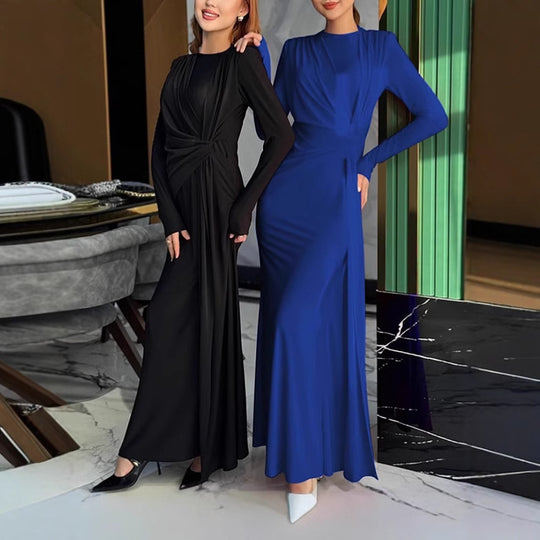 Damen Elegantes Longdress mit Raffung und hohem Kragen Heidi-Mode