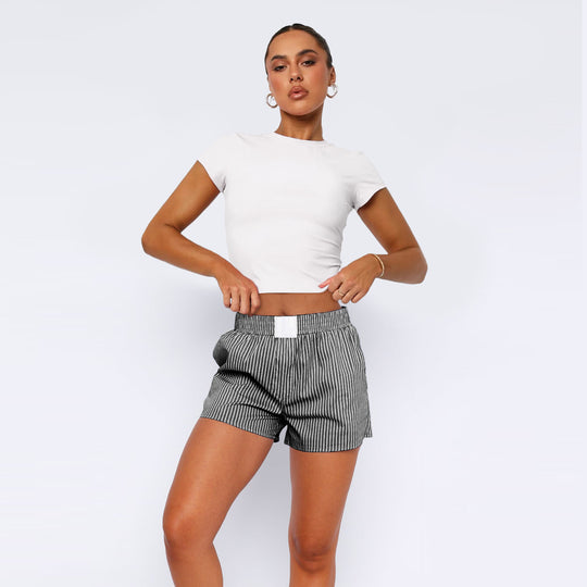 Damen Baumwoll-Shorts mit elastischem Bund und Streifenmuster Heidi-Mode