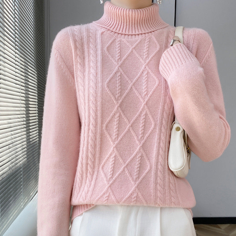 Damen Strickpullover mit hoch geschlossenem Kragen und Zopfmuster Heidi-Mode
