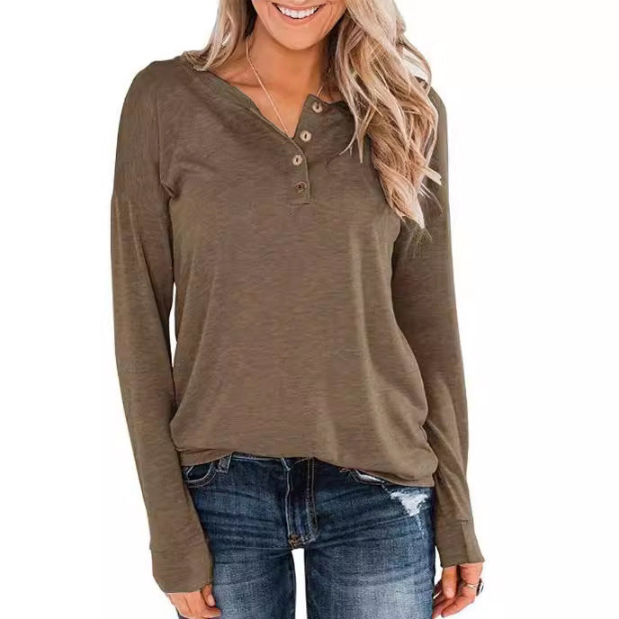 Damen modisches Langarm-Henley-Shirt mit Knopfleiste Heidi-Mode