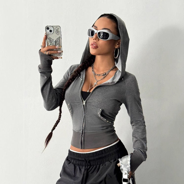 Damen modische Zip-Hoodie mit Silberschmuck-Details Heidi Mode