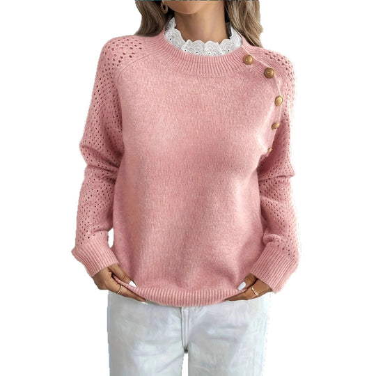 Damen Strickpullover mit dekorativen Knopfdetails und Lochmuster Heidi-Mode