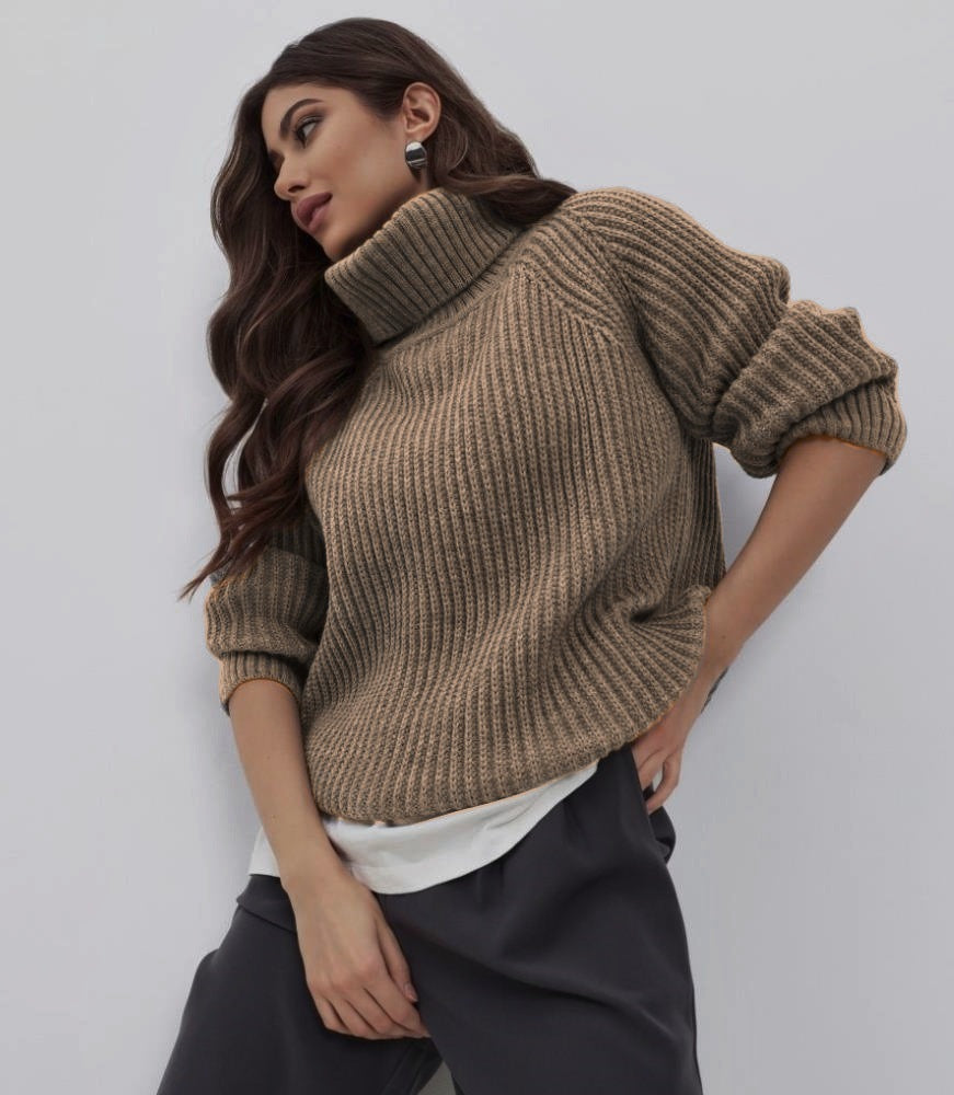 Damen Strickpullover mit hohem Kragen und Wabenstruktur Heidi-Mode