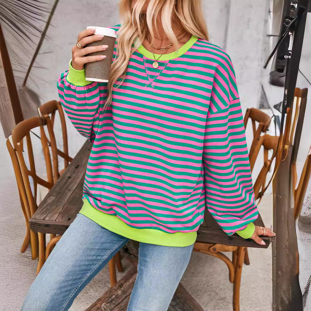 Damen lässiger Oversized Sweatshirt mit bunten Streifen und Kapuzenkordel Heidi-Mode