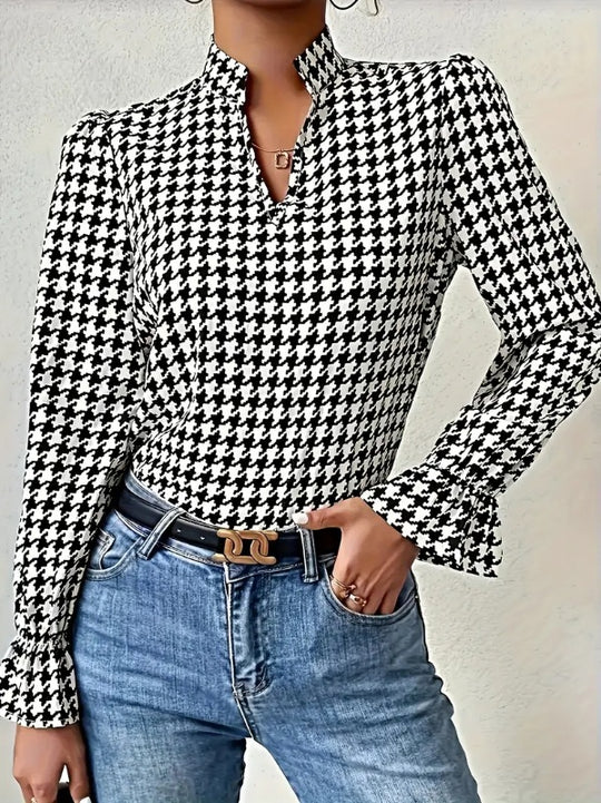 Damen Langarmbluse mit klassischem Hahnentrittmuster und modischen Volantärmeln Heidi-Mode