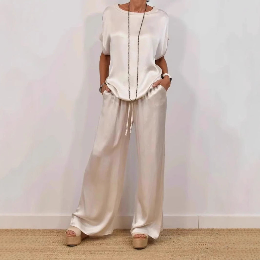 Damen Elegantes Satin Lounge-Set mit weitem Schnitt und lässigem Oberteil Heidi-Mode