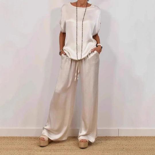 Damen Elegantes Satin Lounge-Set mit weitem Schnitt und lässigem Oberteil Heidi-Mode