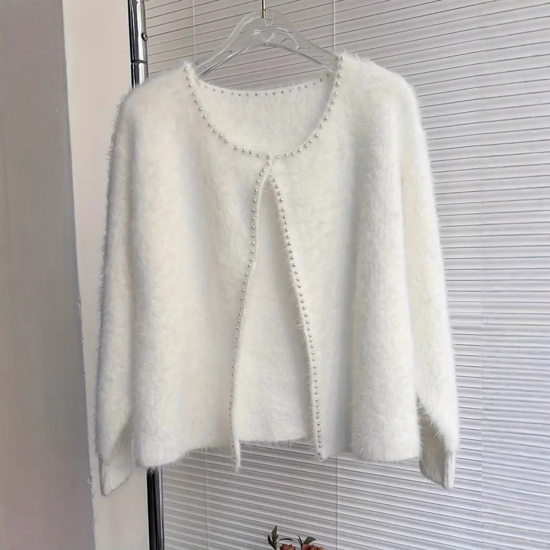 Damen Flauschiger Cardigan mit Perlknöpfen und lässigem Schnitt Heidi-Mode