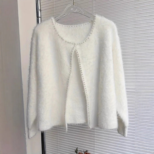 Damen Flauschiger Cardigan mit Perlknöpfen und lässigem Schnitt Heidi-Mode