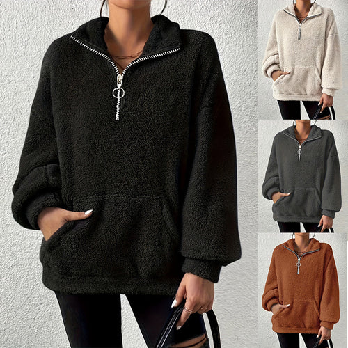 Damen kuscheliger Fleece-Pullover mit halbem Reißverschluss und Seitentaschen Heidi-Mode