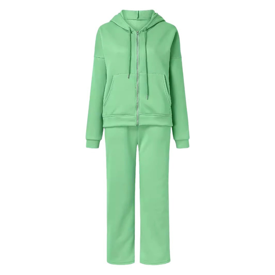Damen bequemer und stilvoller Loungewear-Anzug mit zipbarem Hoodie und weitem Bein Heidi-Mode
