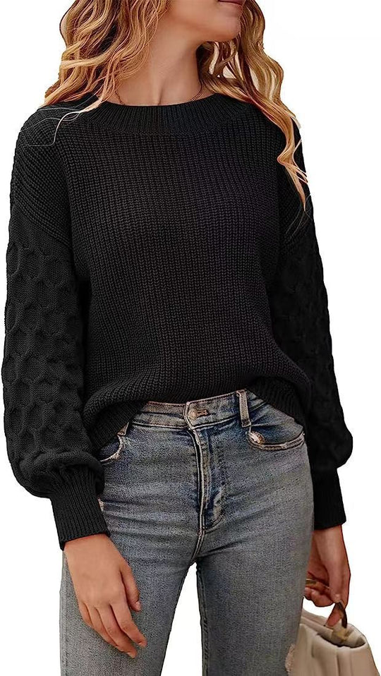 Damen modischer Strickpullover mit strukturierten Ärmeln und Rundhalsausschnitt Heidi-Mode