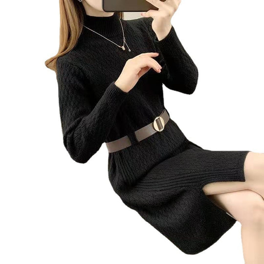 Damen Strickkleid mit hohen Kragen und Taillengürtel Heidi-Mode