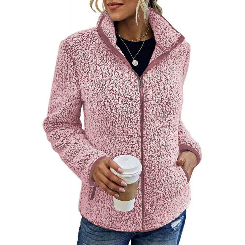 Damen flauschige Fleecejacke mit hohem Kragen und seitlichen Taschen Heidi-Mode