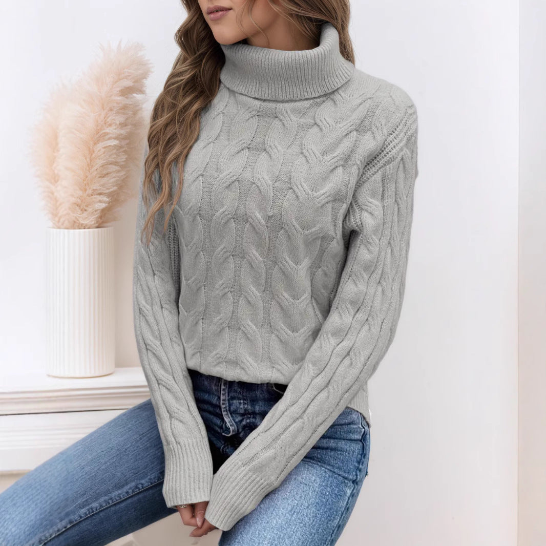 Damen Strickpullover mit hohem Kragen und Zopfmuster Heidi-Mode