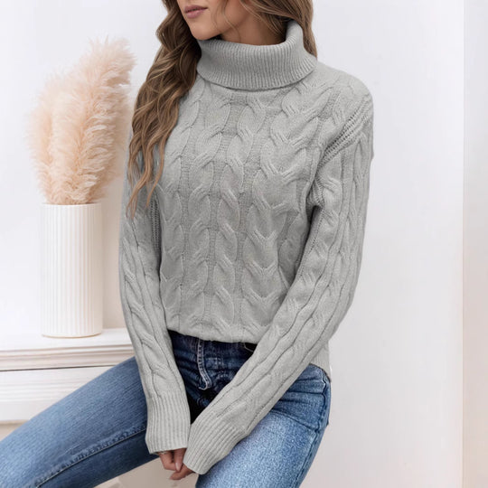 Damen Strickpullover mit hohem Kragen und Zopfmuster Heidi-Mode