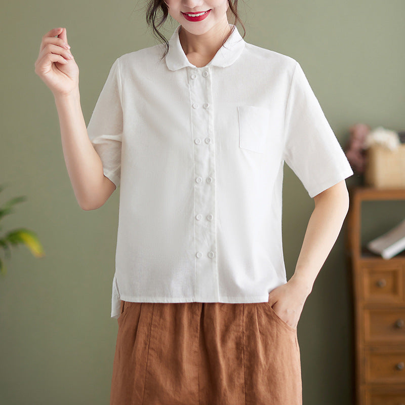 Heidi-Mode | Weiße Kurzarm-Baumwoll-Leinen Bluse für Damen