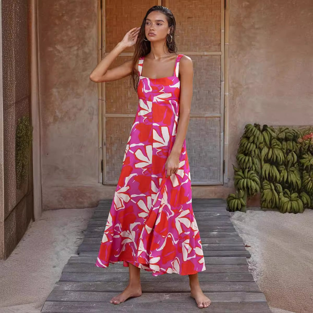 Damen Maxikleid mit Blumenmuster und verstellbaren Spaghettiträgern Heidi-Mode