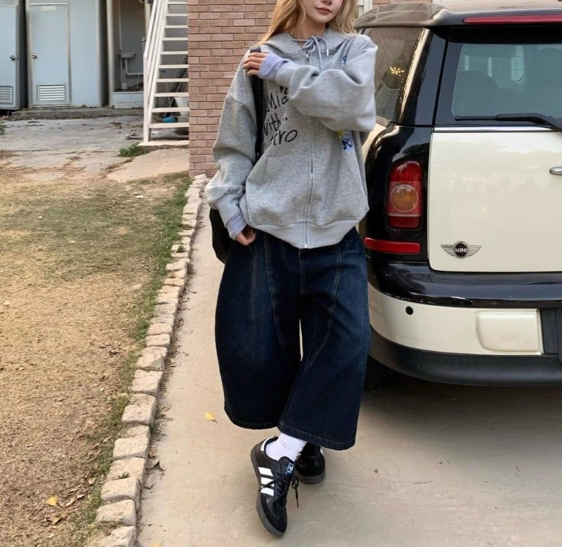 Damen Bequeme Oversized-Freizeitjacke mit Kapuze und Druck Heidi-Mode