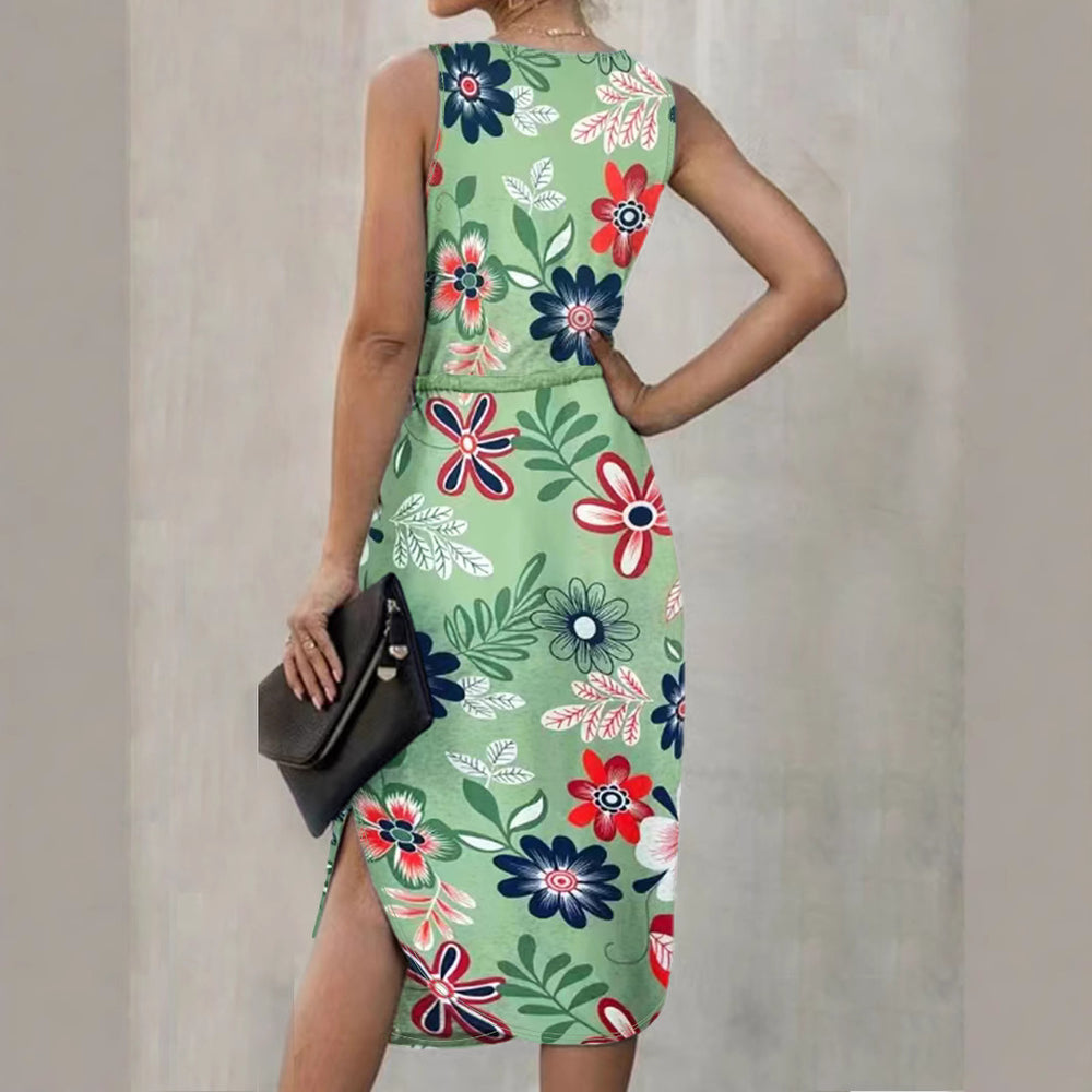 Damen Blumendruck Midi Kleid mit verstellbarem Bund Heidi-Mode