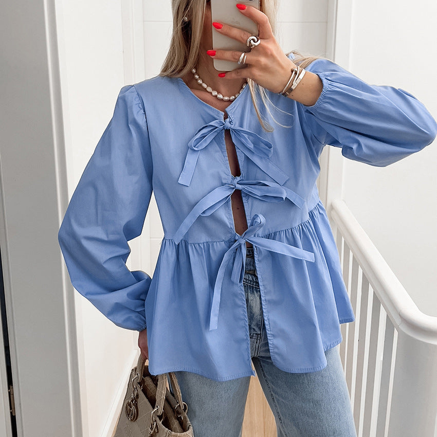 Damen Bluse mit verspielten Bänder-Details und lockerer Passform Heidi-Mode