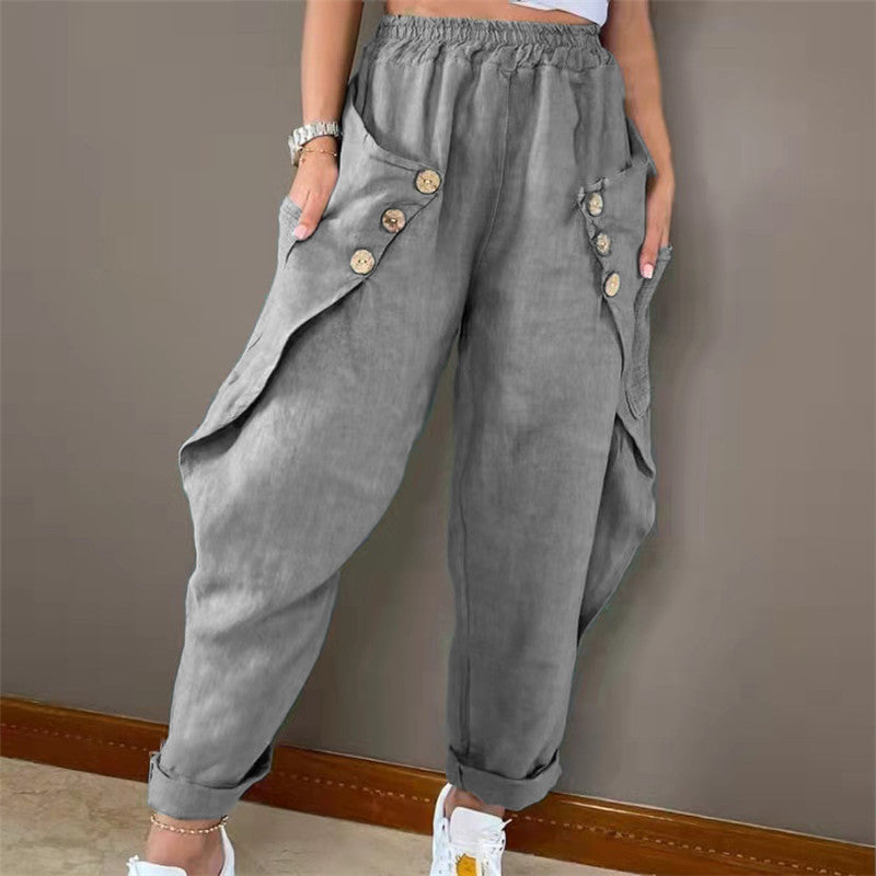 Damen lässige Sommerhose mit Knopfdetails und praktischen Seitentaschen Heidi-Mode