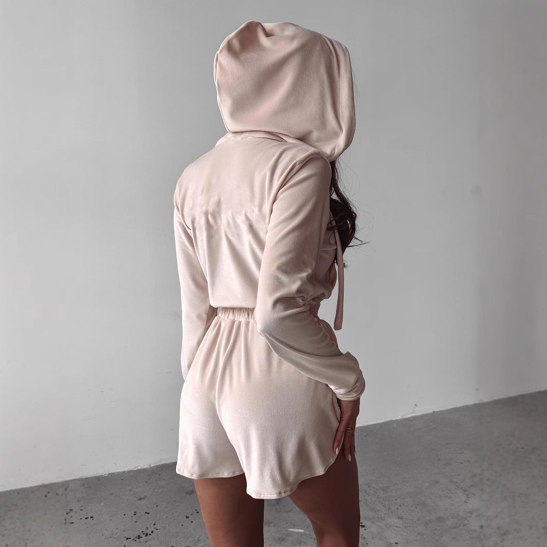 Damen modischer Kapuzenanzug mit elastischem Taillenzug und kurzen Hosen Heidi-Mode
