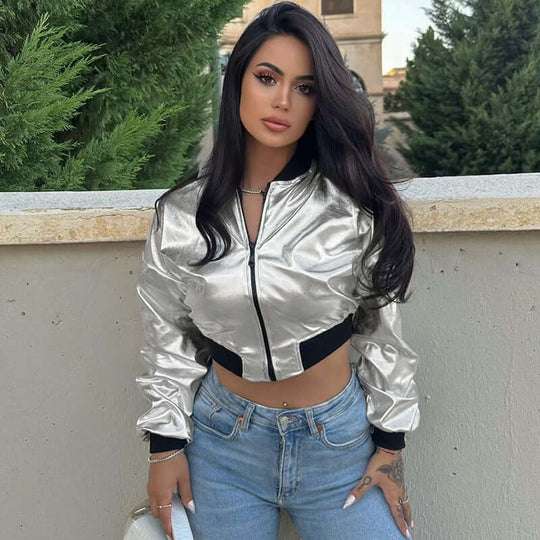 Heidi-Mode | Metallic Reißverschluss Kurze Jacke