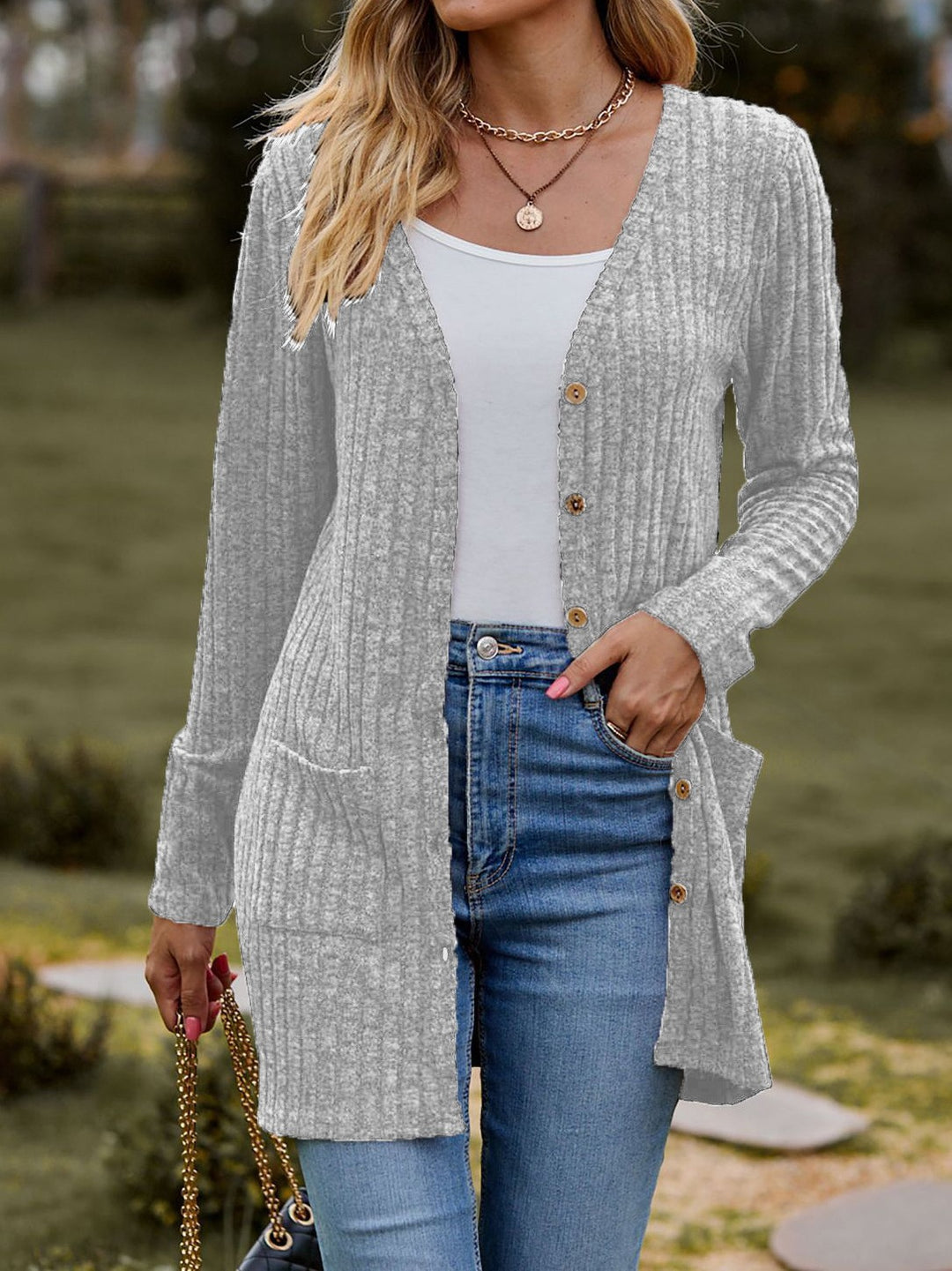 Damen Langstrickjacke mit strukturiertem Obermaterial und praktischen Taschen Heidi-Mode