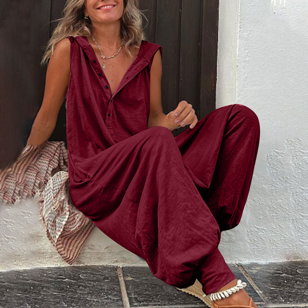 Damen Lässiger Jumpsuit mit Kapuze und Knopfdetails Heidi-Mode