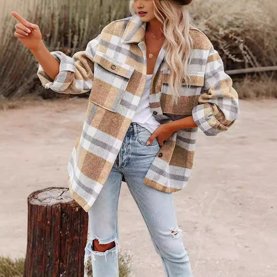 Damen Karierte Flanellhemdjacke mit lockerer Passform und praktischen Taschen Heidi-Mode