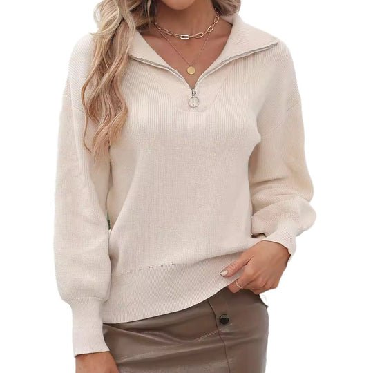 Damen lässiger Pullover mit modernem Zip-Kragen und volumetrischen Ärmeln Heidi-Mode