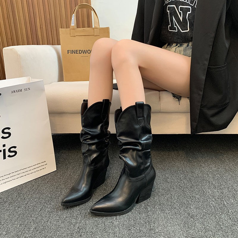 Damen Western-Stiefel mit eleganter Raffung und Absatz Heidi-Mode