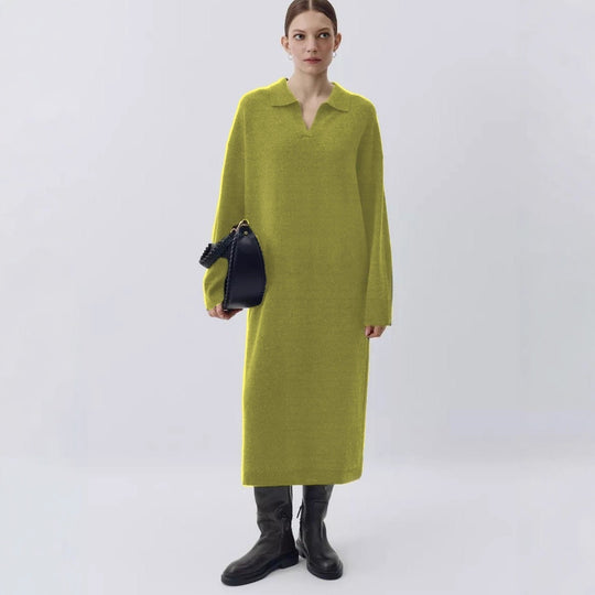 Damen Übergröße Strickkleid mit modernem Polokragen und langen Ärmeln Heidi-Mode