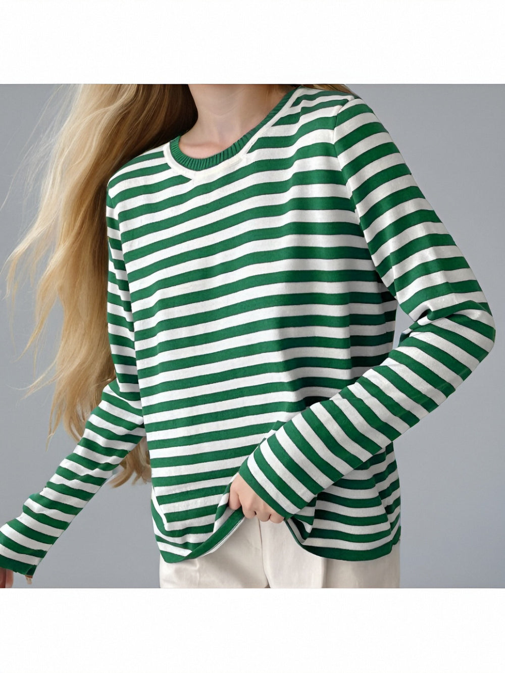 Damen gestreifter Langarmpullover mit Rundhalsausschnitt und lässigem Schnitt Heidi-Mode