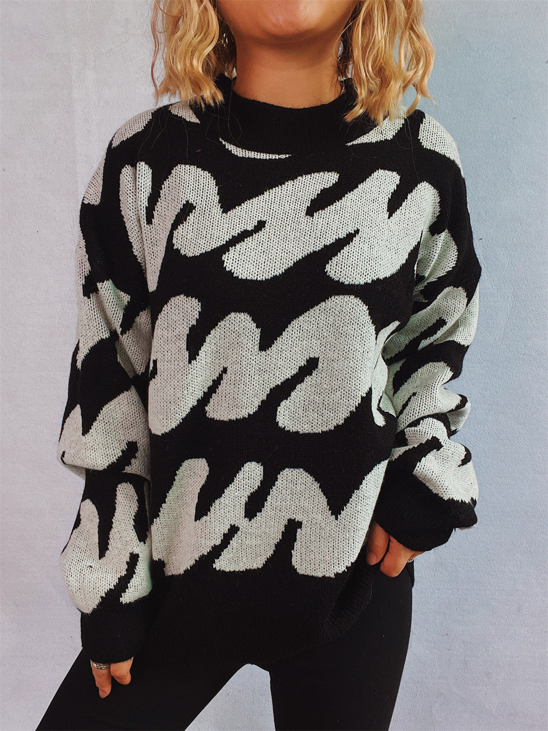 Damen lässiger Pullover mit modernem Farbblockdesign und voluminösen Ärmeln Heidi-Mode