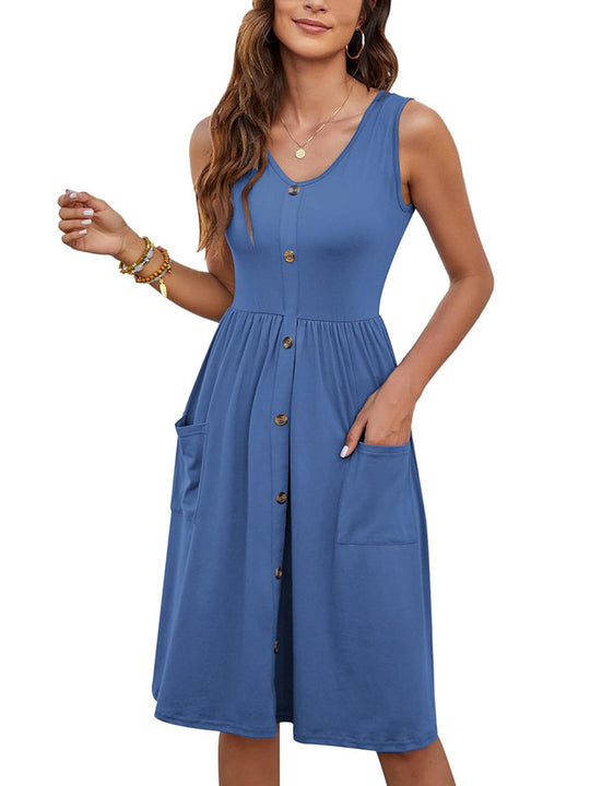 Damen Knielanges Sommerkleid mit Knopfdetails und praktischen Taschen Heidi-Mode