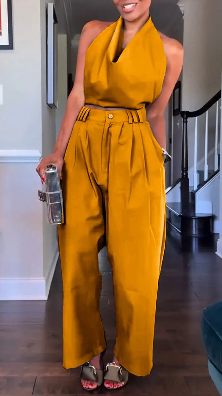Damen Halterneck Satin Overall mit taillierten Hosen Heidi-Mode
