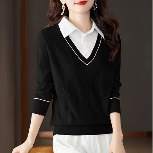 Damen gestrickter Pullover mit v-ausschnitt und strukturiertem Diamantmuster Heidi-Mode