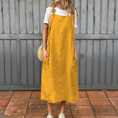 Damen Lässiges Leinen-Latzkleid mit praktischen Seitentaschen und verstellbaren Trägern Heidi-Mode