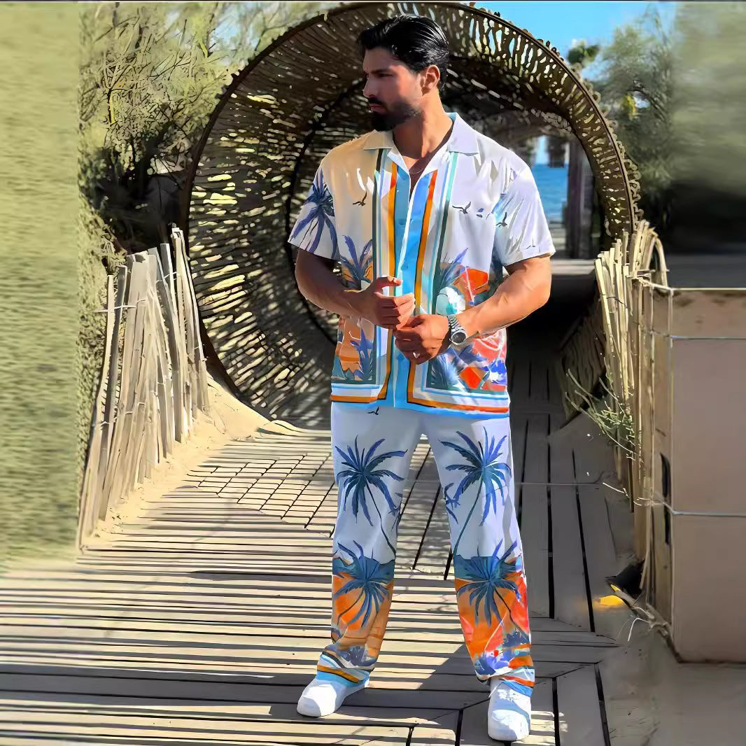 Herren Strandhemd und Hose im tropischen Palmen-Design mit kurzärmligem Schnitt Heidi-Mode