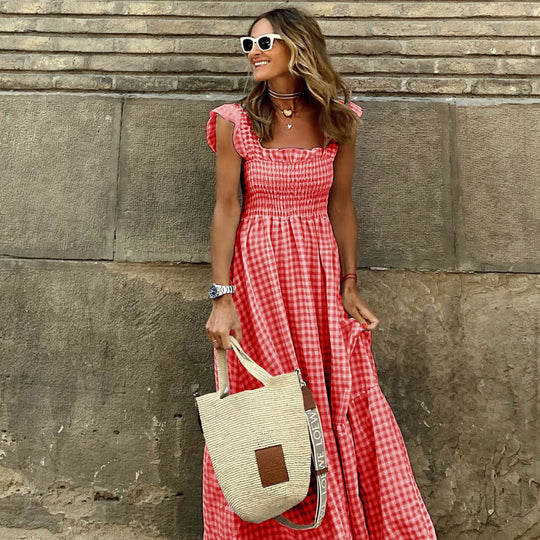 Heidi-Mode | Collage Plaid Spaghetti-Träger Elastischer Großer Saum Kleid