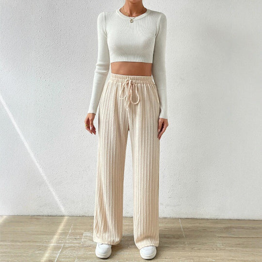 Damen entspannendes Strick-Loungewear-Set mit hoher Taille und weitem Bein Heidi-Mode