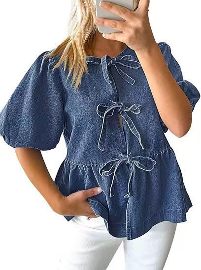 Damen Modische Jeansbluse mit dekorativen Schleifendetails und voluminösen Ärmeln Heidi-Mode