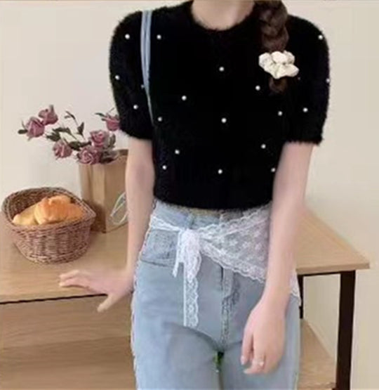 Damen cropped Pullover mit zarten Perlen Heidi-Mode