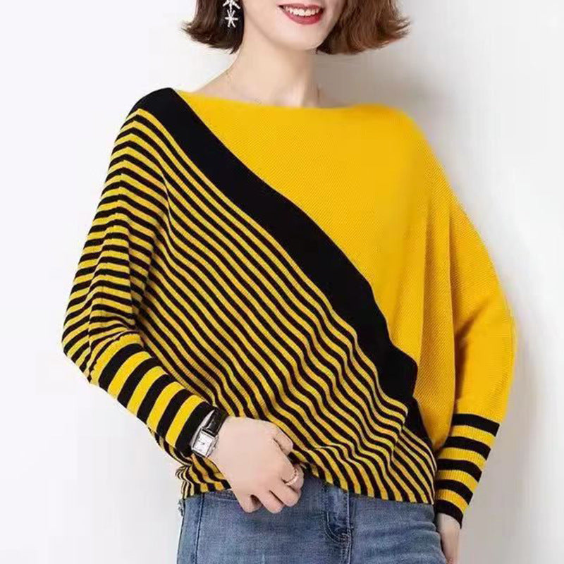 Damen modischer Strickpullover mit asymmetrischem Schnitt und grafischem Streifenmuster Heidi-Mode