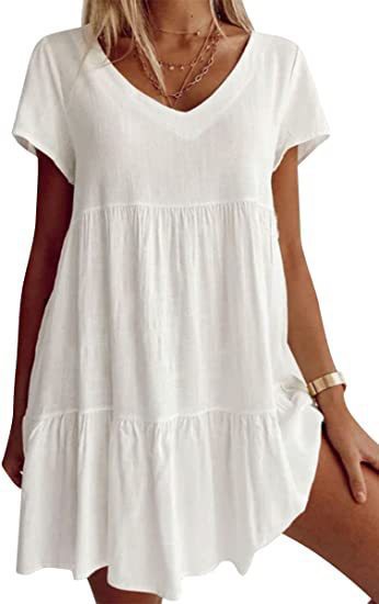 Damen lässiges und leichtes Sommerkleid mit V-Ausschnitt und voluminösem Rock Heidi-Mode