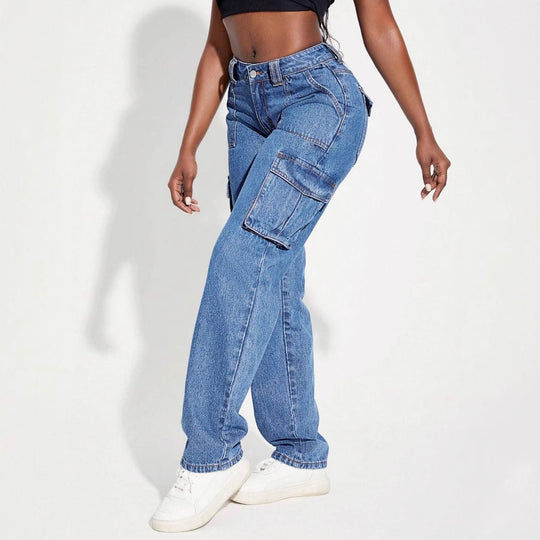 Damen Vintage Cargo Jeans mit elastischem Bund und seitlichen Taschen Heidi-Mode